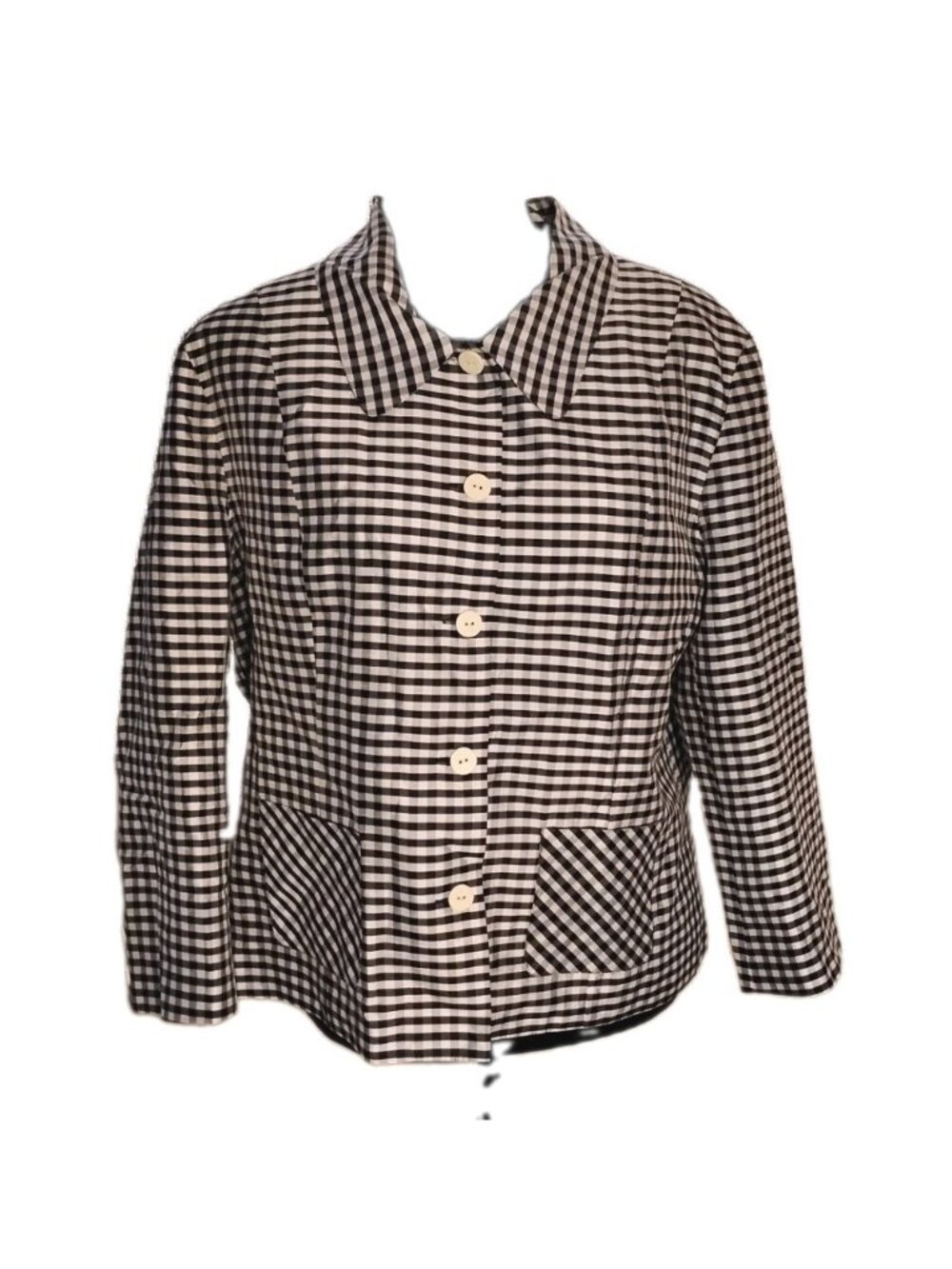 Silkland Silk Gingham Blazer Jacket Lined Pockets Preppy Size 14 Black White
